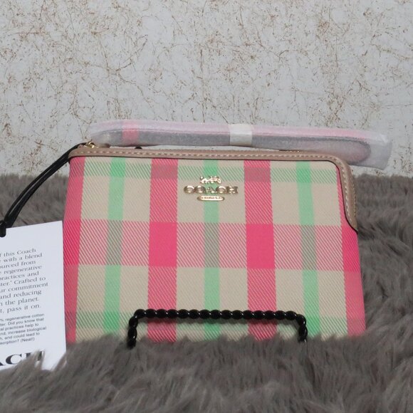 Coach Corner Zip Wristlet with Plaid Print (Pink/Multi-color) - Picture 1 of 6